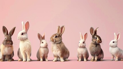 Seven fluffy bunnies in a row, sitting on a pink background.