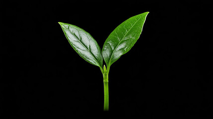 New Growth: Close-up of vibrant green leaves sprouting from a stem against a dramatic black background.  A symbol of new beginnings, nature's resilience, and the promise of growth.