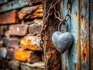 A heavy wooden heart, chained to stone, reflects the bleak architecture of despair and Russian melancholy.