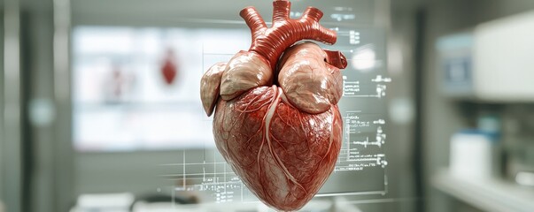 Medical healthcare concept. 3D rendering of a human heart with digital overlays in a medical environment.