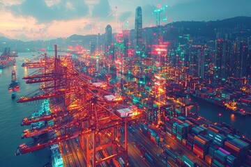 Dynamic harbor landscape with towering cranes at dusk hong kong aerial view industrial environment vibrant colors