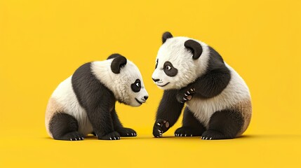 Naklejka premium Two fluffy panda cubs on a yellow background.