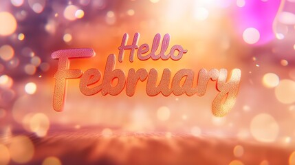 Naklejka premium Hello February, warm greeting, 3D text, bokeh, light.