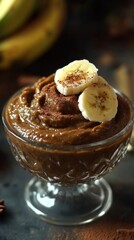 A creamy dessert served in a glass bowl, topped with banana slices and sprinkled cinnamon.