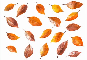 Obraz premium Autumn Leaves Pattern: Orange and Brown Fall Foliage on White Background