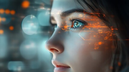 Fototapeta premium Digital future close-up of eye technology urban environment