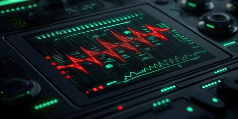 Medical healthcare concept. Digital heart rate monitor displaying a dynamic red waveform on a sleek interface with green accents.