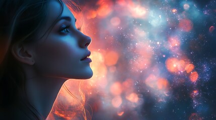 Woman in profile cosmic background digital art dreamy atmosphere