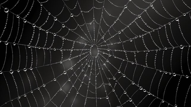 A spider web covered in dew drops, with a dark background.