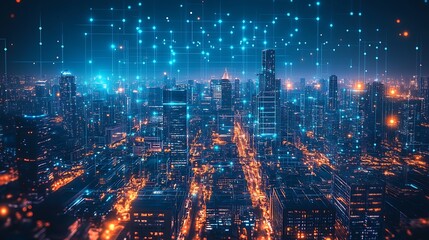 Fototapeta premium Urban nightscape city skyline digital art futuristic aerial view