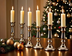 Elegant candle display on a Christmas table with festive decor and glowing lights