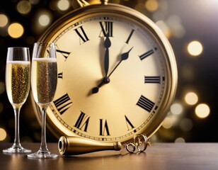 New Year\'s celebration with champagne flutes and a vintage clock counting down to midnight