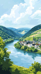 Obraz premium Illustration, Cochem at the Moselle river, touristic advertisement poster. Beautiful town in Germany. Must-see touristic spot near Mosel river. Mockup for touristic poster, advertisement. Beautiful tr