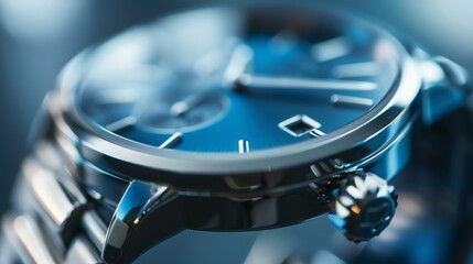 Close up of a blue face watch with a silver band.