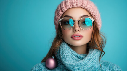 A young woman exhibits a fashionable winter look, wearing a pink beanie and sunglasses. Her soft blue sweater contrasts beautifully with the bright background, creating a cheerful atmosphere.
