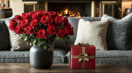 Obraz premium Red roses bouquet with gift box: A luxurious bouquet of red roses paired with a wrapped Valentine gift in a romantic studio setting