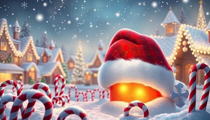 Santa Hat Glowing with Lights Surrounded by Candy Canes in a Snowy Christmas Village Digital Painting. Free Christmas Background. Chrismas Wallpaper. Cool Wallpaper 4k