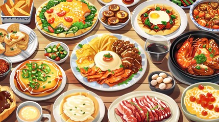 A cartoon illustration of a variety of food dishes on a table.