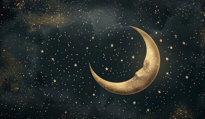 Naklejka premium Golden Crescent Moon in a Starry Sky