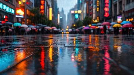 Obraz premium rainy urban cityscape at night with colorful reflections