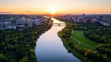 serene urban cityscape featuring river at sunset