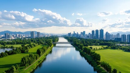 serene urban cityscape featuring river and greenery