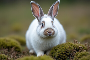A curious white rabbit in a natural setting