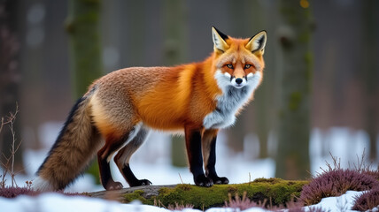 A red fox in a snowy forest