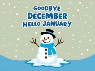 Happy Snowman Welcomes New Year Goodbye December Hello January
