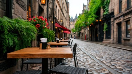 Charming cobblestone street with outdoor dining and greenery