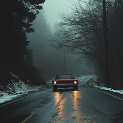 Fototapeta premium car on snowy road with fog