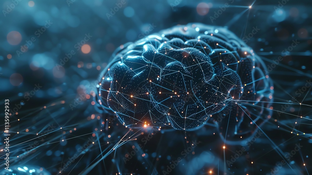 Poster a digital rendering of a human brain with glowing lines and dots, suggesting the concept of artifici