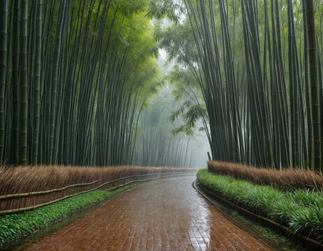 Beautiful green baboo forest on rainy day, romantic and sad vibe
