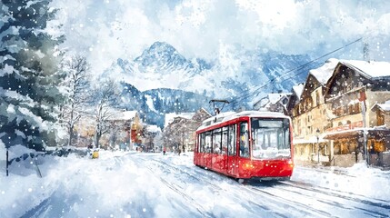 Naklejka premium Red Tram Through Snowy Mountain Village