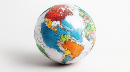 A soccer ball with an artistic map of the world printed on its panels, symbolizing global unity in sports, on white
