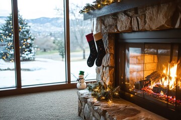 Cozy fireplace scene with stockings and snowman figurine by window overlooking snowy landscape