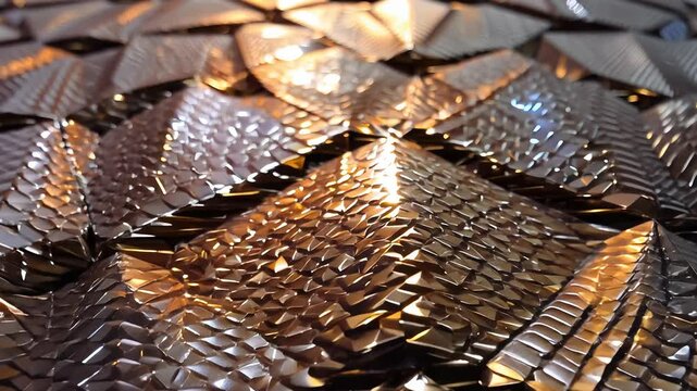 Camera zooms out from a dragon scale texture featuring metallic copper and gold with overlapping diamond patterns