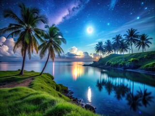 Low light captures a tropical beach's serene beauty: palms, grassy knoll, and shimmering blue water.
