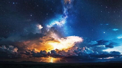 Naklejka premium Lightning illuminating storm clouds beneath a starry milky way sky nature photography dramatic landscape cosmic environment