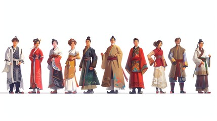 Obraz premium A group of cartoon characters wearing traditional Chinese clothing.