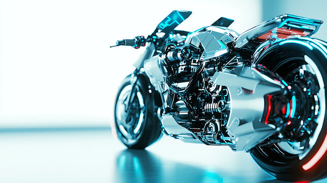 A futuristic silver motorcycle with a blue and white design - Powered by Adobe