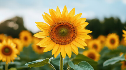 Fototapeta premium Harvesting organic yields efficiently Concept. Vibrant sunflower in field, showcasing bright yellow petals