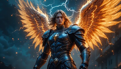 Angelic Warrior in Burning Armor Wings and Lightning