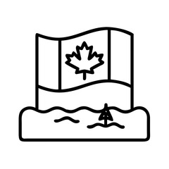 beach with canadian flag icon, canada day line art, canada icon - simple black line art icon of beach with canadian flag, symbolizing canada day celebrations. canadian vector art.