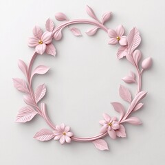 A delicate pink floral frame featuring intricate leaves and blossoms, ideal for showcasing pictures or decorative artwork.