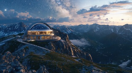 Exploring the milky way astronomers observing from a futuristic mountaintop observatory under a starry sky