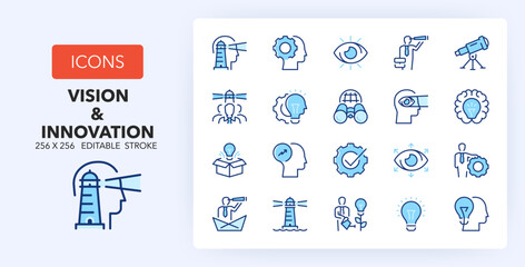 Line icons about vision and innovation, business concepts. Contains such icons as creativity, entrepreneurship, perspective and more. 256x256 Pixel Perfect editable in two colors