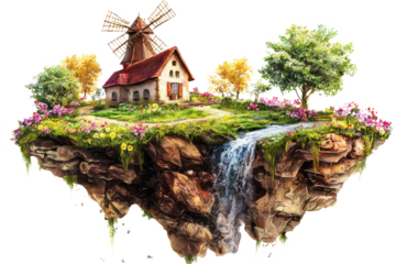 Fantasy-themed floating island with a windmill spinning slowly, flowers blooming around, isolated on white backdrop