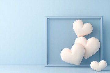 A charming display of soft, cream-colored hearts within a light blue frame, set against a pastel blue background, evoking feelings of love and warmth.