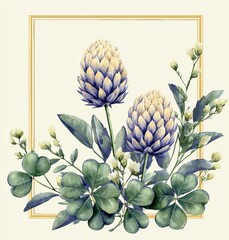 Watercolor herbarium frame with flowers and forest leaf. Art card with clover and leaves. , isolated on white background,  , copy space, copy space for text,